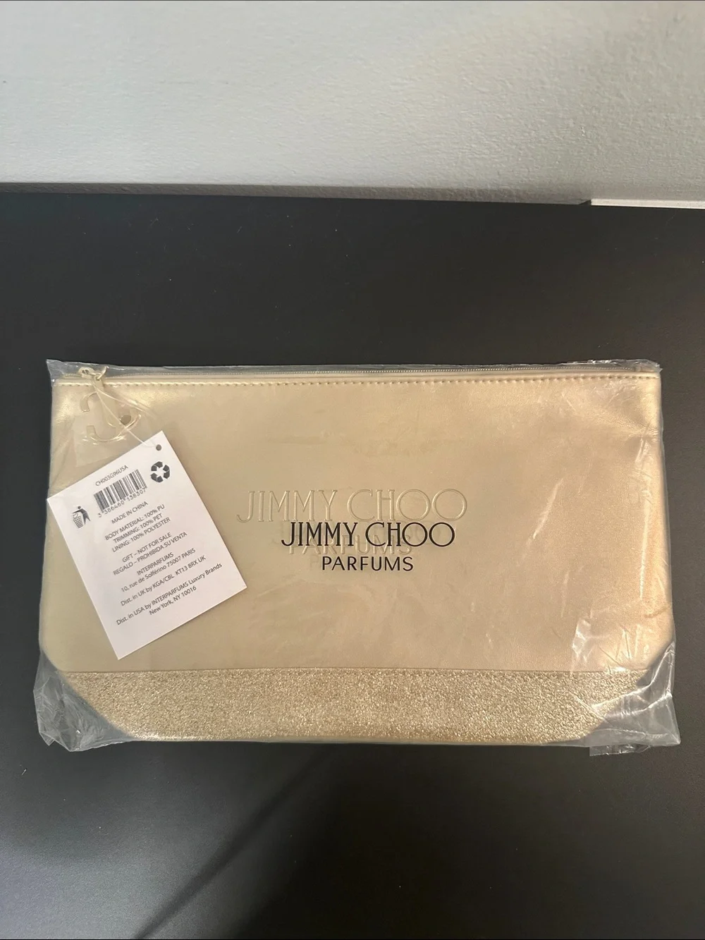 NWT Jimmy Choo Gold Parfumes Cosmetic Pouch w Glitter Trim & Gold Zipper Charm